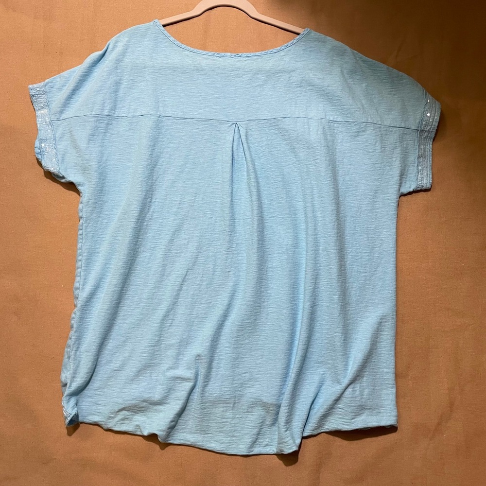 Cut Loose High Low Linen Blend Top One Size Sequin Trim Blue Carolina Tarheel